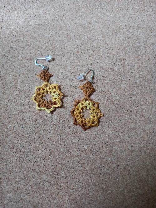 Modèle Pensées en dentelle de frivolité. Boucles d'oreilles en fil de coton DMC savane brûlée ombrée